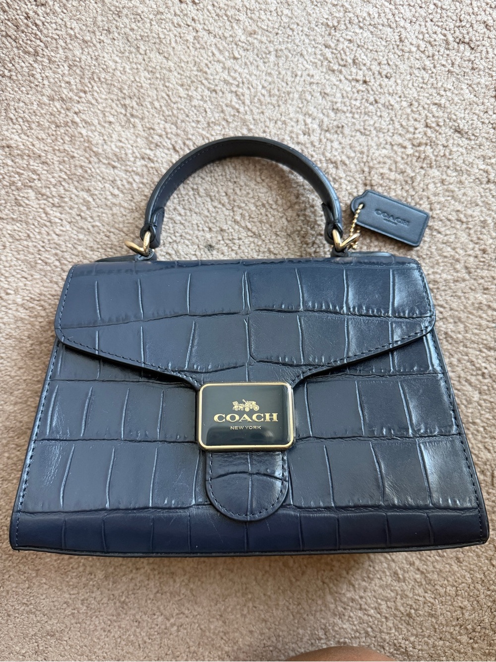COACH Navy Croc-Embossed Top-Handle Satchel with Gold Plaque